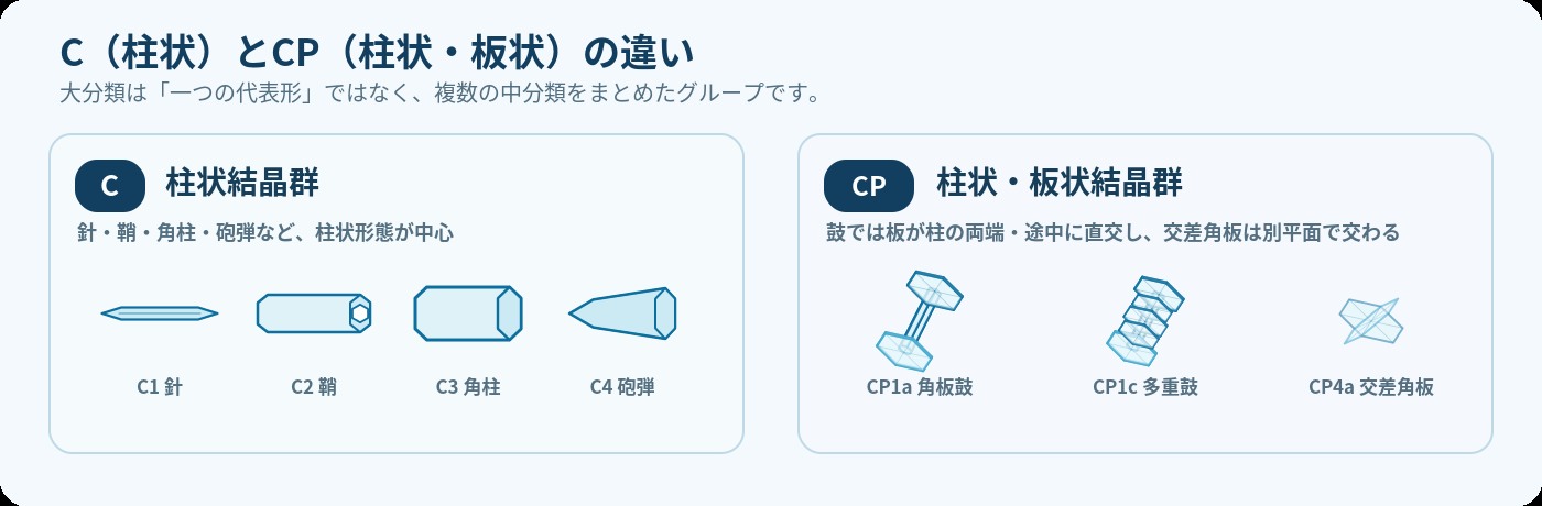 C柱状結晶群のC1針・C2鞘・C3角柱・C4砲弾と、CP柱状・板状結晶群のCP1a角板鼓・CP1c多重鼓・CP4a交差角板を立体的に比較した模式図
