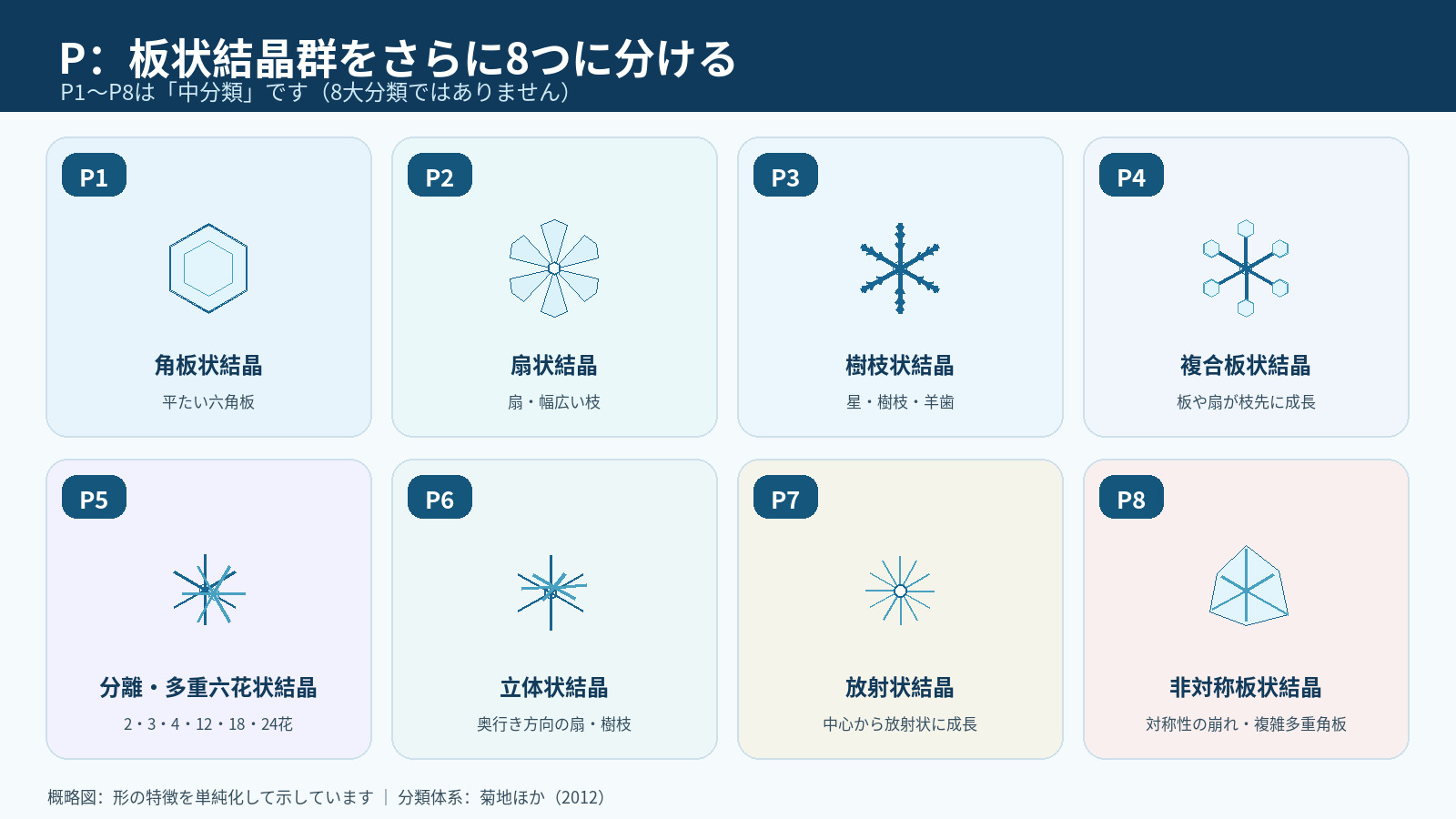 板状結晶群PをP1角板状、P2扇状、P3樹枝状、P4複合板状、P5分離・多重六花状、P6立体状、P7放射状、P8非対称板状の8中分類に分けた概略図