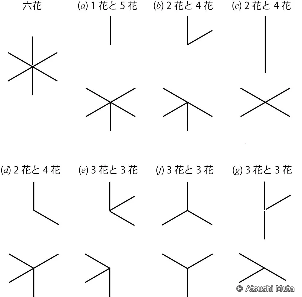 1花と5花、2花と4花、3花と3花による組み合わせ六花の模式図